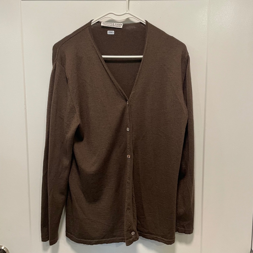 Jennifer Tyler Cashmere Silk Cardigan Sweater Brown V-Neck Button Front Womens
